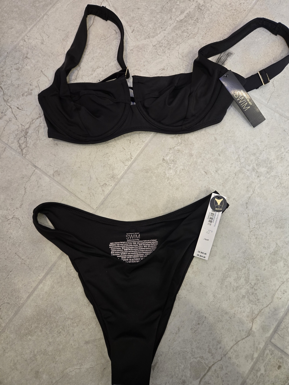 Victoria's Secret Black Underwire Bikini Set 34c Top With Xs Bottoms